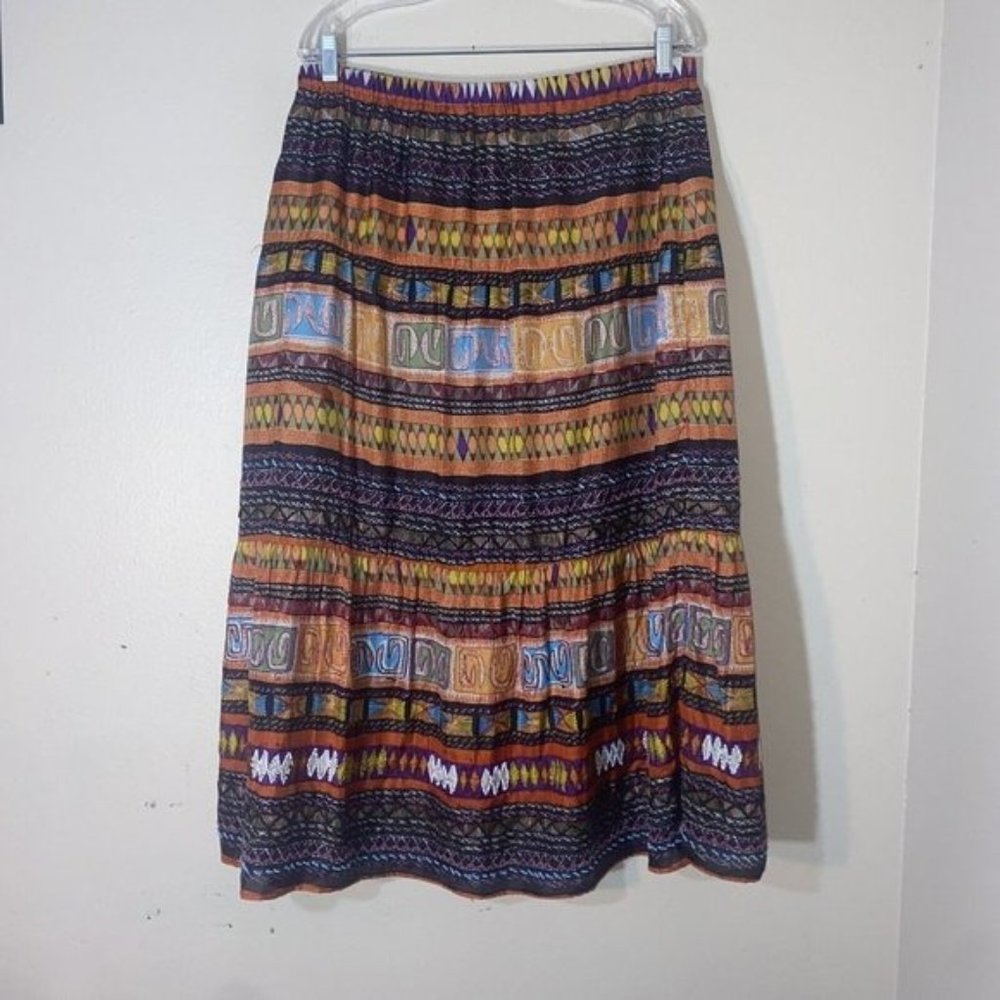 Chicos Maxi Skirt Sz 2 Large Boho Gypsy Flare 100% Silk Outer Southwest Beaded